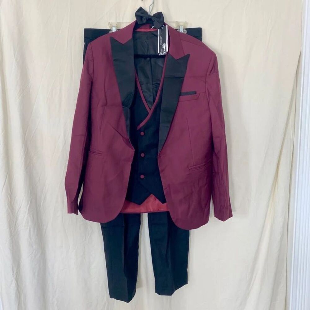 NWT Wangyue Mens Suit 3 Piece Slim Fit Burgundy Red Black XL
